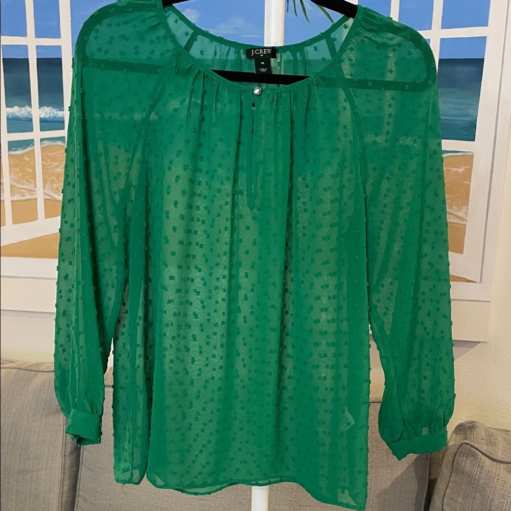 J. Crew Emerald Green Swiss Doy Sheer Blouse